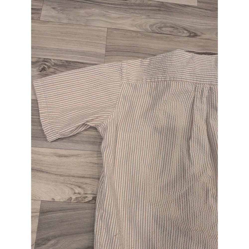 LL Bean Seersucker Shirt Mens L Tan Striped Short Sleeve Button Up Vintage USA - Picture 11 of 16